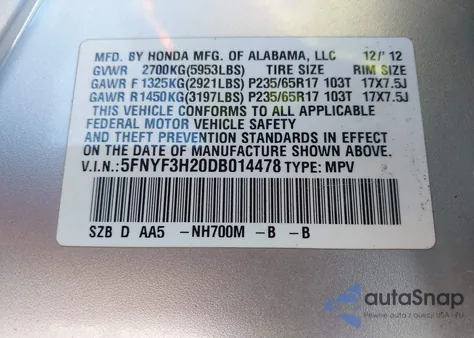 2013 Honda Pilot Lx z USA, uszkodzony, nr VIN 5FNYF3H20DB014478